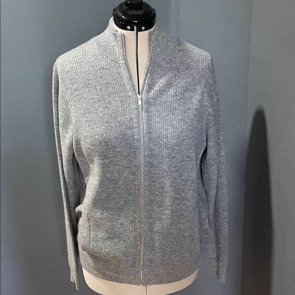 Magaschoni Cashmere Light Gray Ribbed Zip-Up Sweater Size-Large NWT